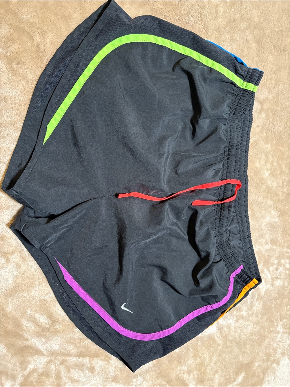 Nike Women’s Med Black Athletic Shorts with Neon Green/Blue/Purple/Orange Trim